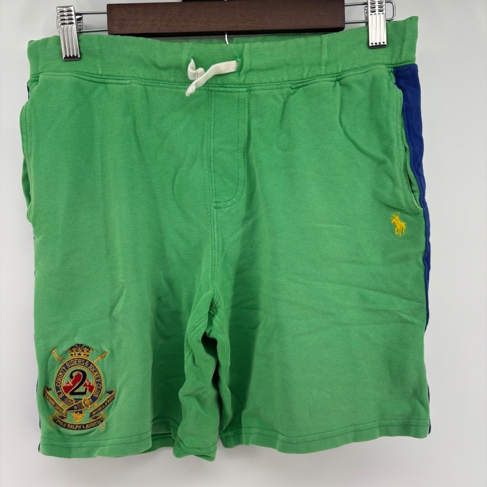 Vintage Polo Ralph Lauren Shorts Kids M 10-12 Green Blue Crest Pony Mesh Pique - Picture 5 of 7